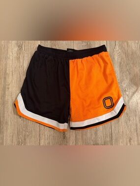 Men's Black & Orange Athletic Mesh Shorts with O Patch
